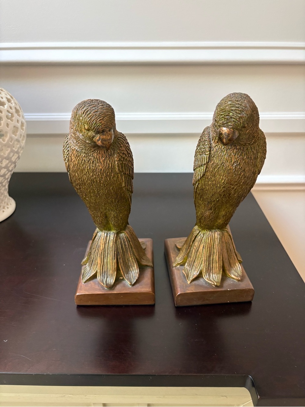 Pair of Decorative Parrot Bookends in Antique Gold-Green